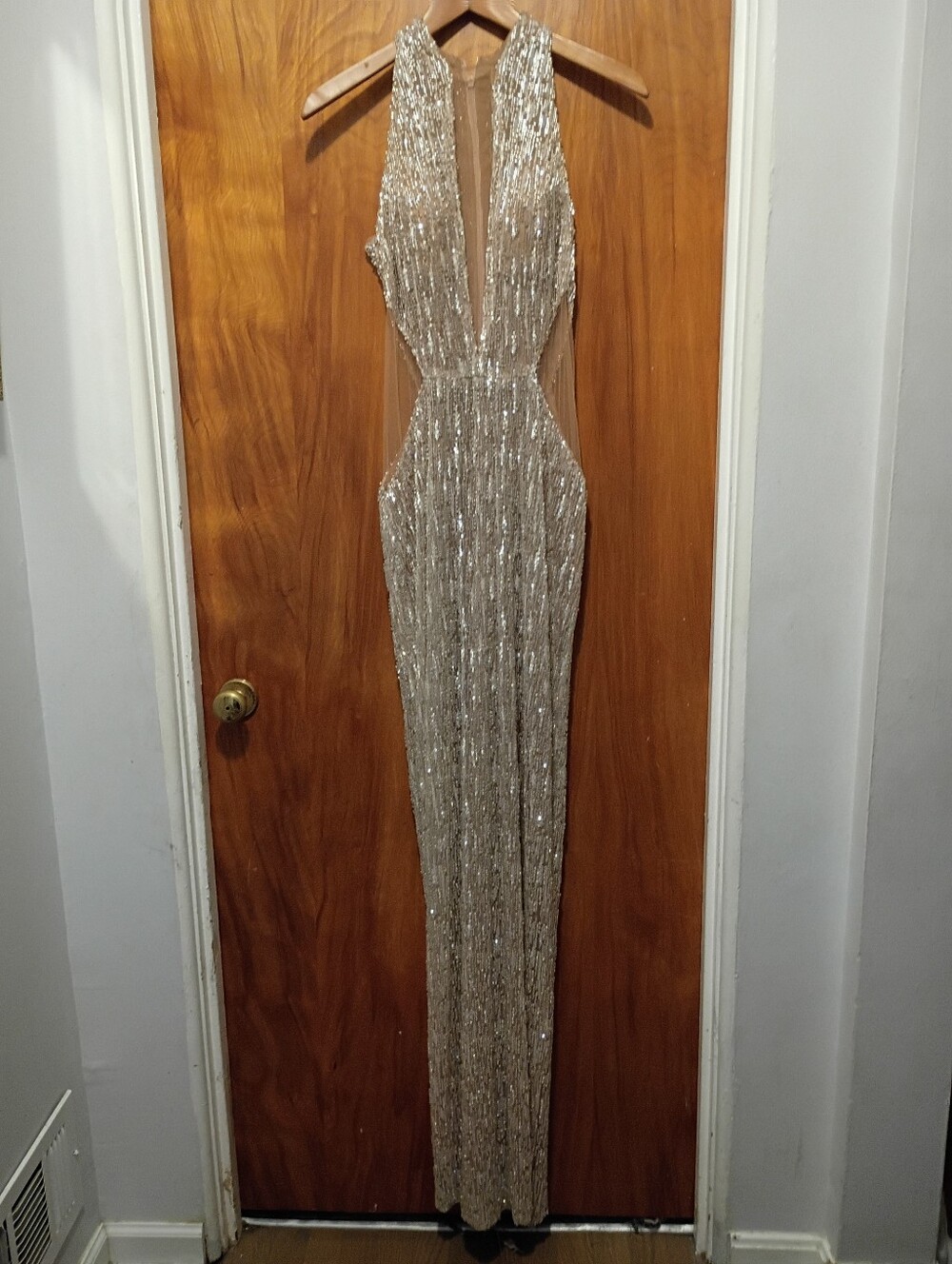 Sequin Metallic Gown with Deep V Neck - Picture 1 of 7